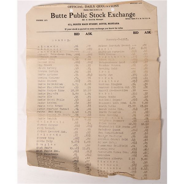 Butte Public Stock Exchange Daily Quotation Sheet  [150234]