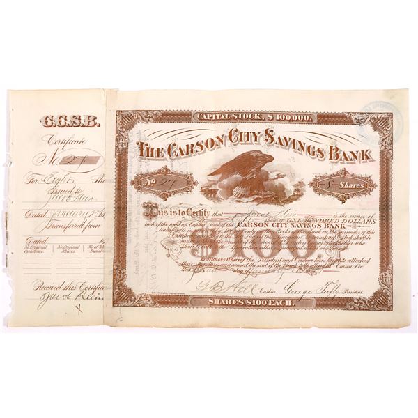 Carson City Savings Bank Stock Certificate Issued to Jacob Klein  [160333]