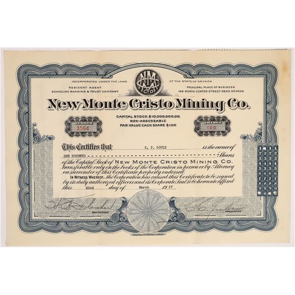 New Monte Cristo Mining Co. Stock Signed by Swindler CC Julian  [165825]