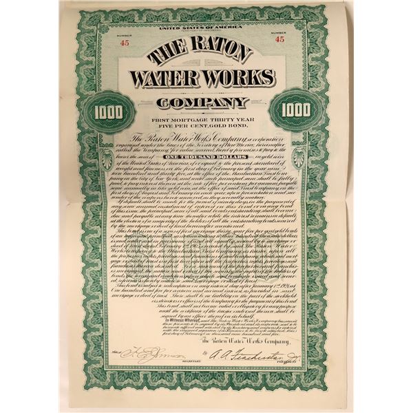 Raton Water Works $1000 Gold Bond, New Mexico Territory  [169432]