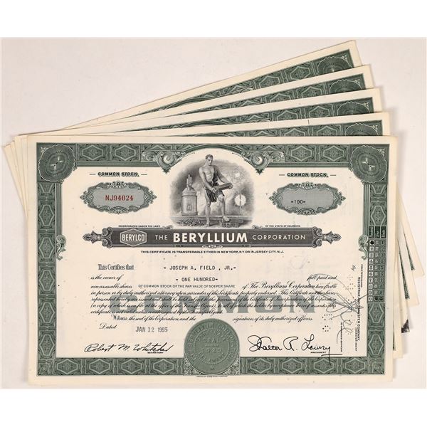 Beryllium Corporation Stock Certificate Group (5)  [165808]