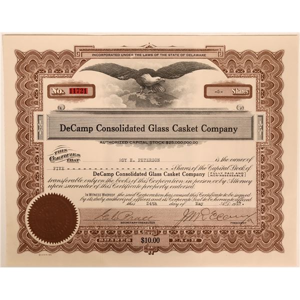 DeCamp Consolidated Glass Casket Company stock certificate  [169433]