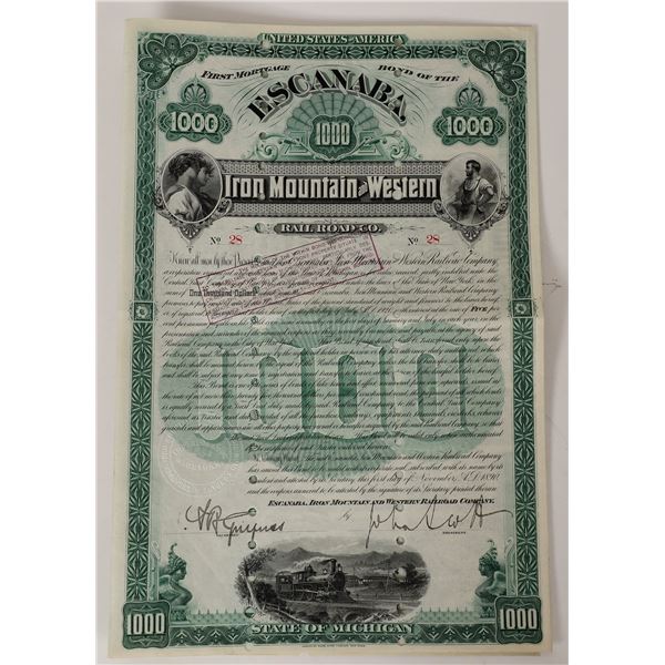 Rare Escanaba Iron Mountain and Western Railroad Bond  [171438]