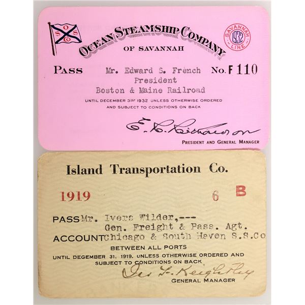 Two Different Steamer Line Annual Passes incl. Ocean Steamship Company of Savannah  [165979]