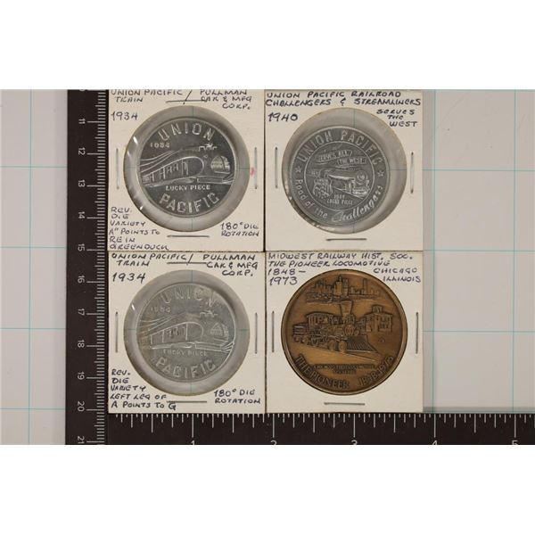 4 METAL RAILROAD TOKENS:2-1934 UNION PACIFIC, 1-