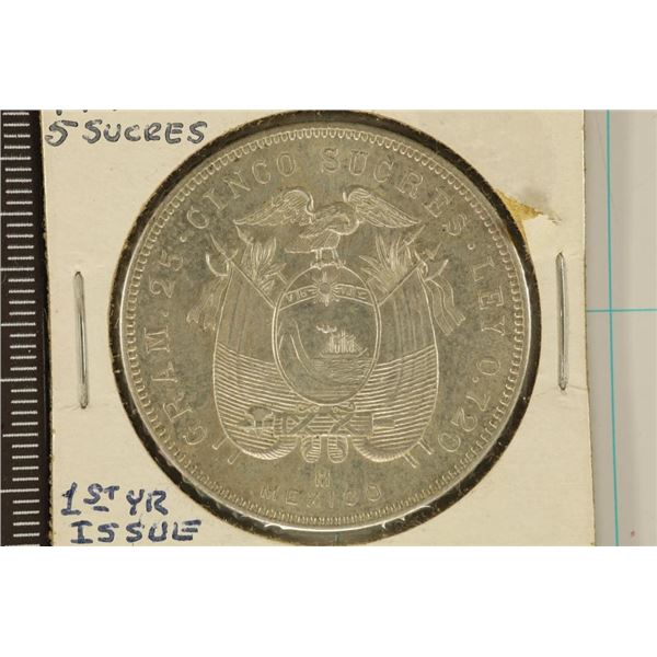 1943-M ECUADOR SILVER 5 SUCRES .5787 OZ. ASW UNC