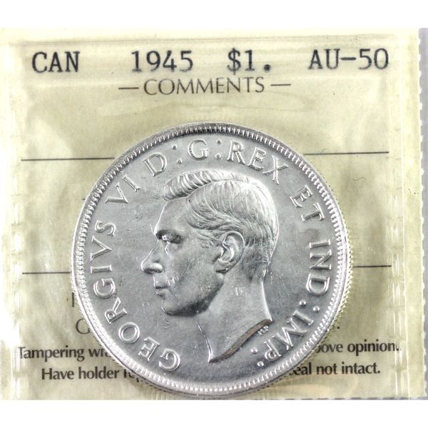 Silver $1 1945 ICCS AU50. Nice bright white coin