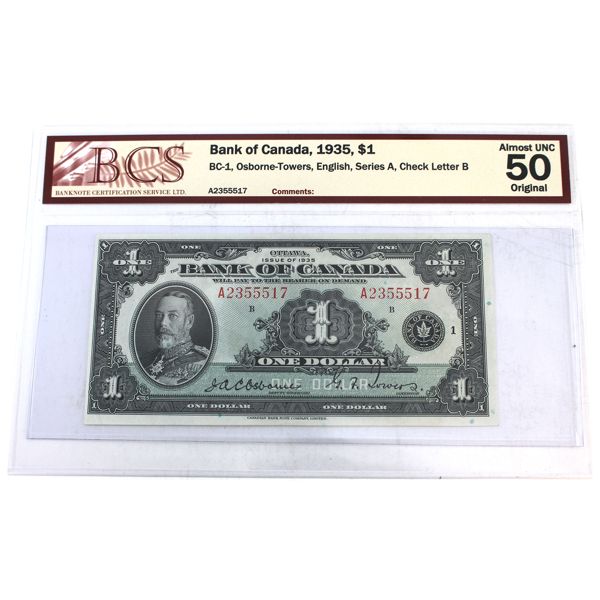 BC-1 1935 $1 English BCS AU50 Original Osborne-Towers Series A Check Letter B SN: A2355517