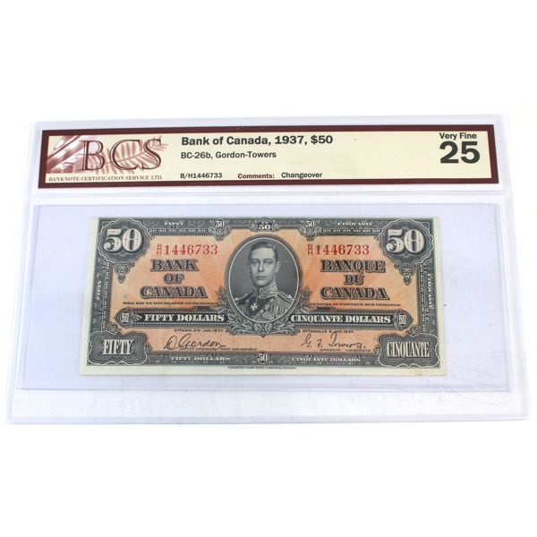 BC-26b 1937 $50 BCS VF25 Gordon-Towers SN: B/H1446733