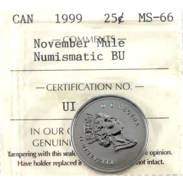 25-cent 1999 November Mule ICCS MS66 NBU