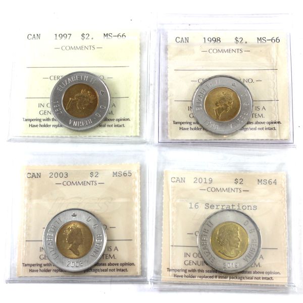 $2 1997 MS66, 1998 MS66, 2003 MS65 & 2019 16 Serrations MS64 ICCS. 4pcs.