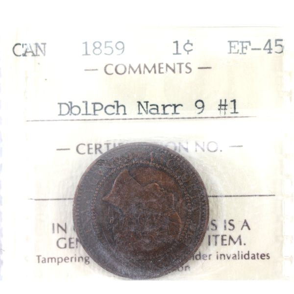 1-cent 1859 DP N9 #1 ICCS EF45 *Rare Variety!*