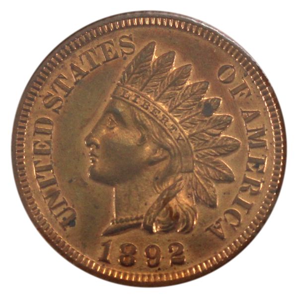 USA 1892 Indian Head Cent Choice Brilliant Uncirculated Red & Brown (MS63) Light Spotting