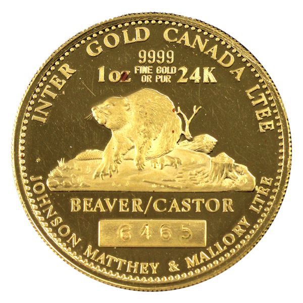 1oz Gold Johnson Matthey & Mallory 1979 Beaver/Castor .9999 Gold Round *Rare Issue!* (Tax Exempt)
