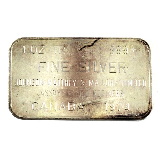 1oz Johnson Matthey & Mallory Ltd 1974 Blank Back .999+ Silver Bar *RARE!* Low Mintage (Tax Exempt)