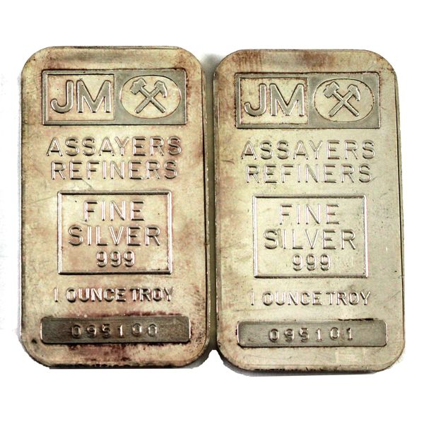 2x 1oz Johnson Matthey Consecutive, Blank Back .999 Silver Bars. 2pcs. (Tax Exempt)