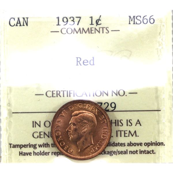 1-cent 1937 ICCS MS66 Red