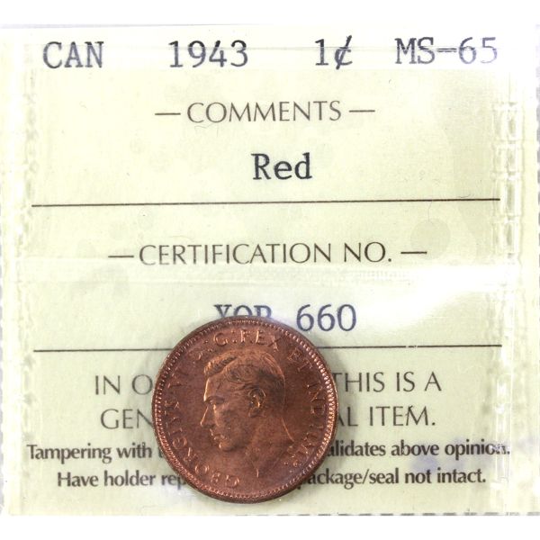 1-cent 1943 ICCS MS65 RED. Consistent natural tones clean surfaces
