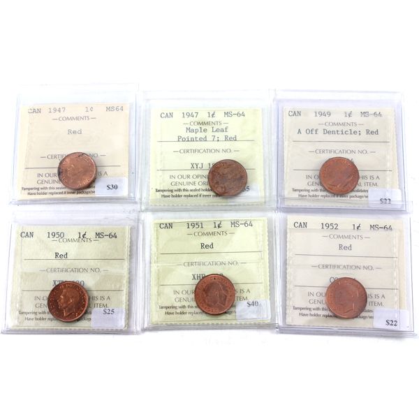 1-cent 1947, 1947 Maple Leaf Pointed 7, 1949 A Off Denticle, 1950, 1951, 1952 ICCS MS64 Red. 6pcs.