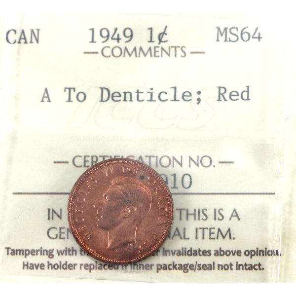 1-cent 1949 A To Denticle ICCS MS64 Red