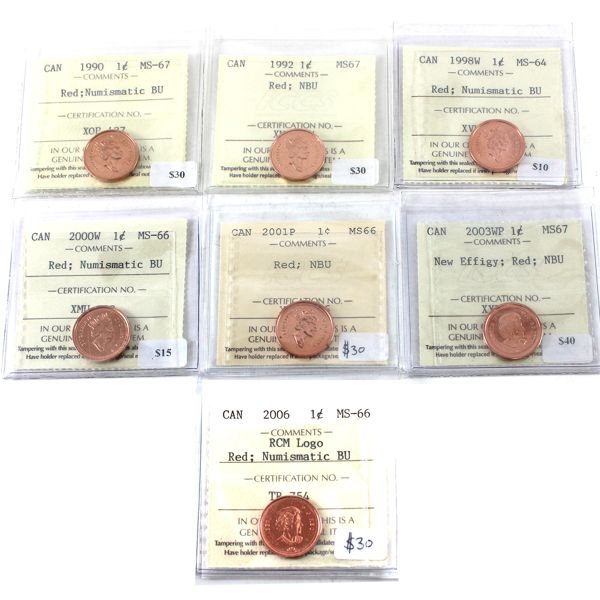1-cent 1990-2006 ICCS MS64 to MS67 Red, NBU. 7pcs.