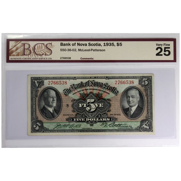 550-36-02 1935 $5 Bank of Nova Scotia BCS VF25 McLeod-Patterson SN: 2766538