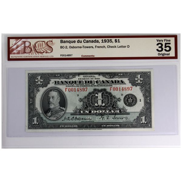 BC-2 1935 $1 French BCS VF35 Original Osborne-Towers SN: F0014897 Check Letter D