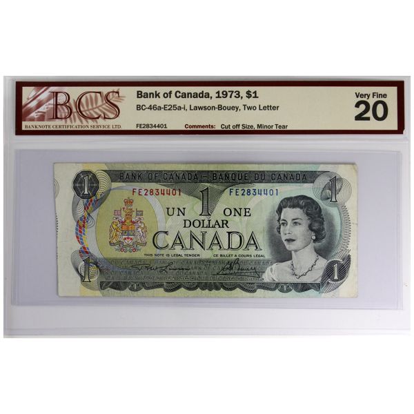 ERROR BC-46a-E25a-i 1973 $1 BCS VF20 Cut Off Size Lawson-Bouey SN: FE2834401
