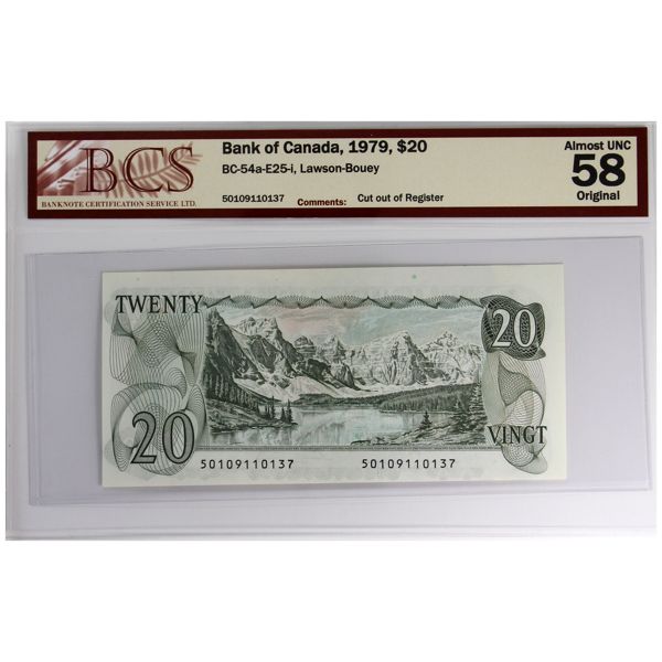 ERROR BC-54a-E25-i 1979 $20 BCS AU58 Original "Cut out of Register" Lawson-Bouey SN: 50109110137