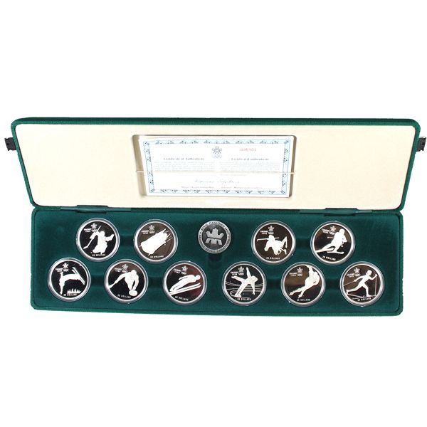 1988 $20 Calgary Olympic Sterling Silver 10-coin Set in Green Display Case w/COA