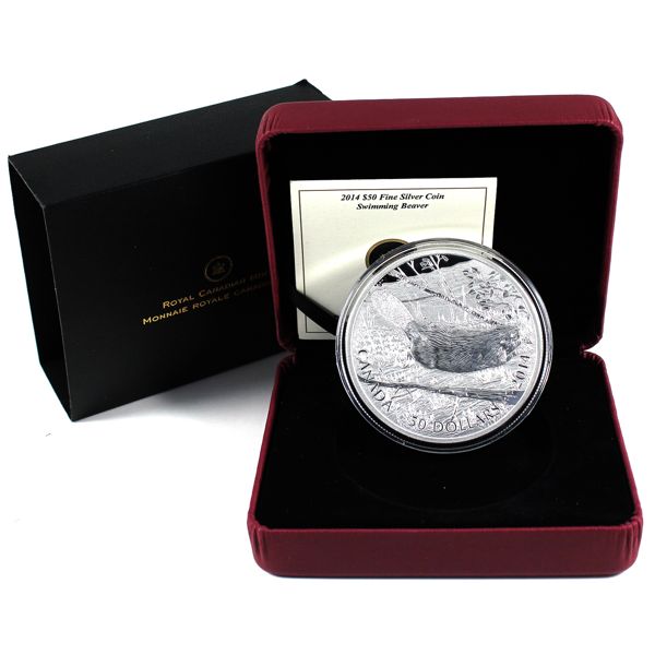 2014 $50 Swimming Beaver Fine Silver. Mintage of 1500! (Tax Exempt)