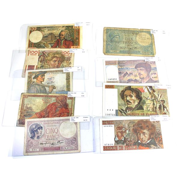 Group Lot of 1940-1997 France Mixed Denomination Notes Circ to VF. 9pcs.