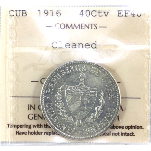 Cuba Silver 1916 40 Centavos ICCS EF40, Cleaned