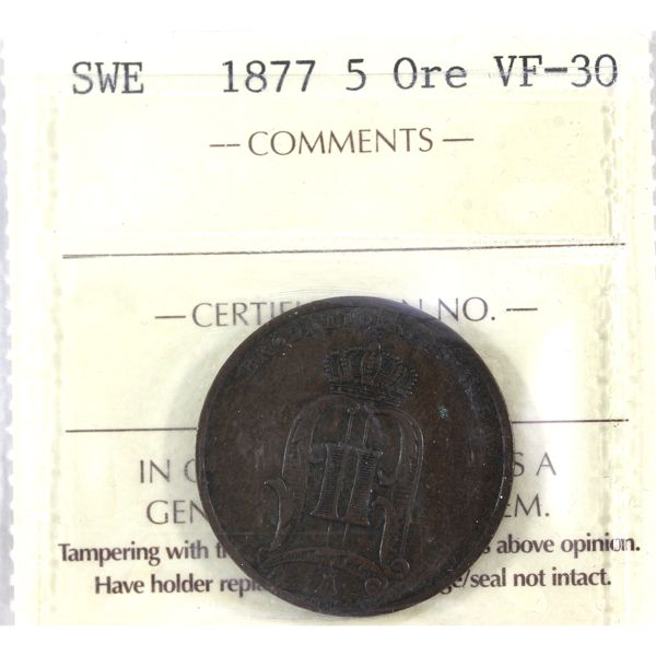 Sweden 1877 5 Ore ICCS VF-30