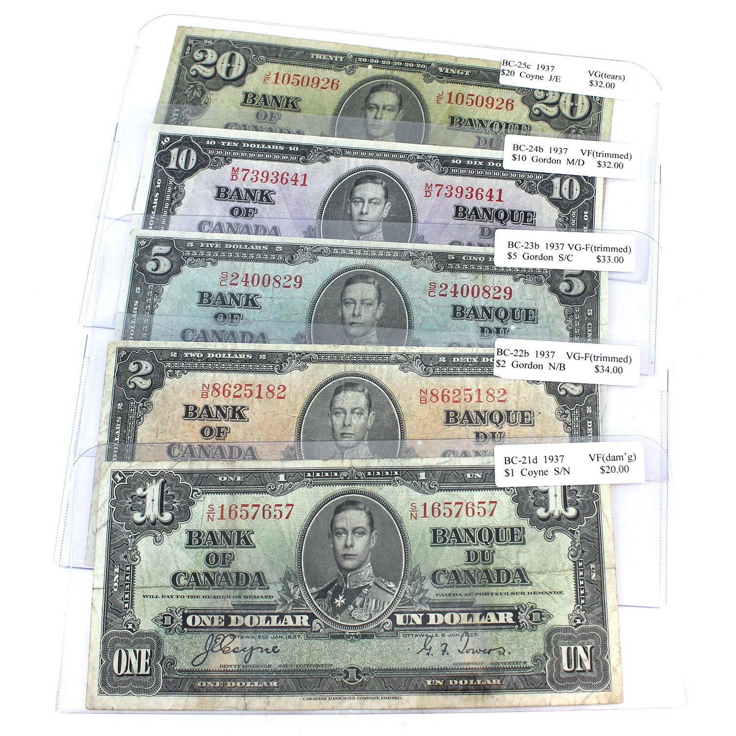 Lot of 1937 Notes $1 to $20 VG to VF. Notes contain various ...