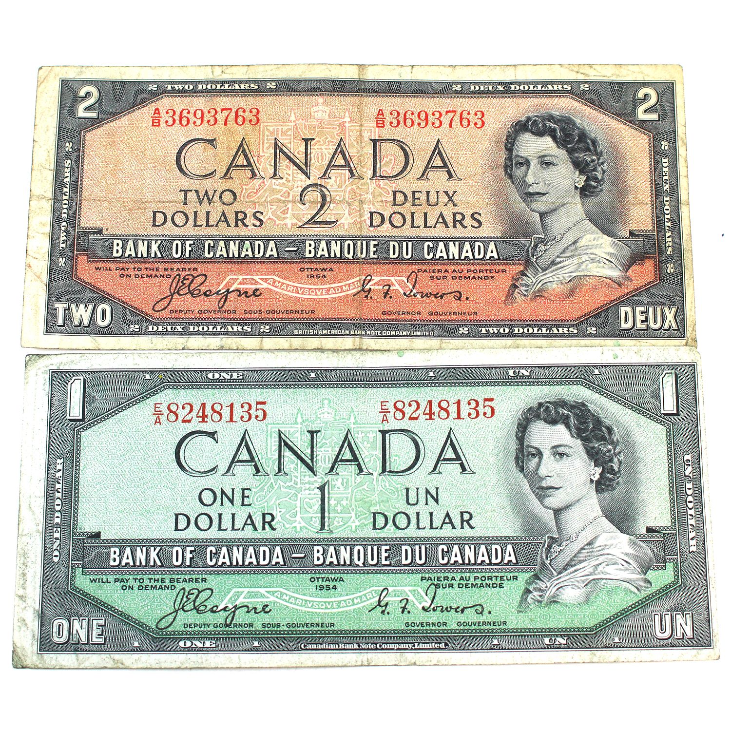 1954 $1 & $2 Devil's Face Notes; BC-29a E/A8248135 VF (Soiling) & BC ...