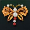 Image 2 : Vintage 18K Gold Marquise & Custom Cut Citrine Pearl Coral Butterfly Brooch Pin
