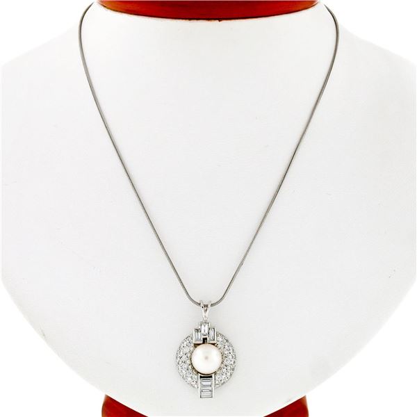 Vintage Platinum 1.70 ctw Old Transitional Baguette Diamond Pearl Pendant Neckla