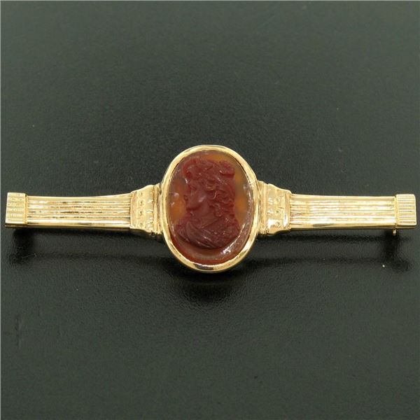 Antique Victorian 15k Solid Rosy Yellow Gold Carved Carnelian Bar Pin Brooch