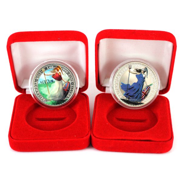 2x 1oz 2002 & 2015 Great Britain £2 Britannia's .999 Fine Silver w/ Colour Enhancements. 2pcs.