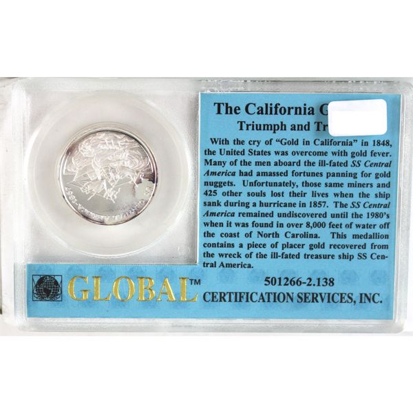 RARE! SS Central America 1/4oz Silver Medallion with Real Placer Gold (Tax Exempt)