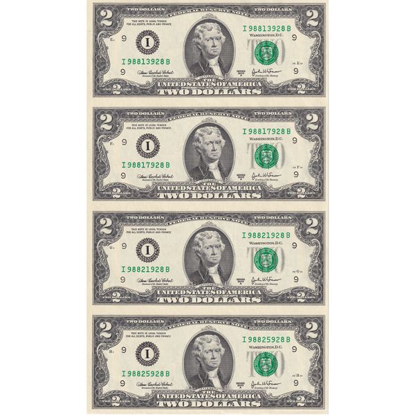 USA 2003 $2 Uncut Sheet of 4x Federal Reserve Notes