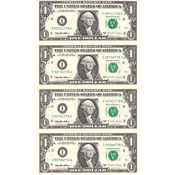 USA 1995 $1 Uncut Sheet of 4 Notes