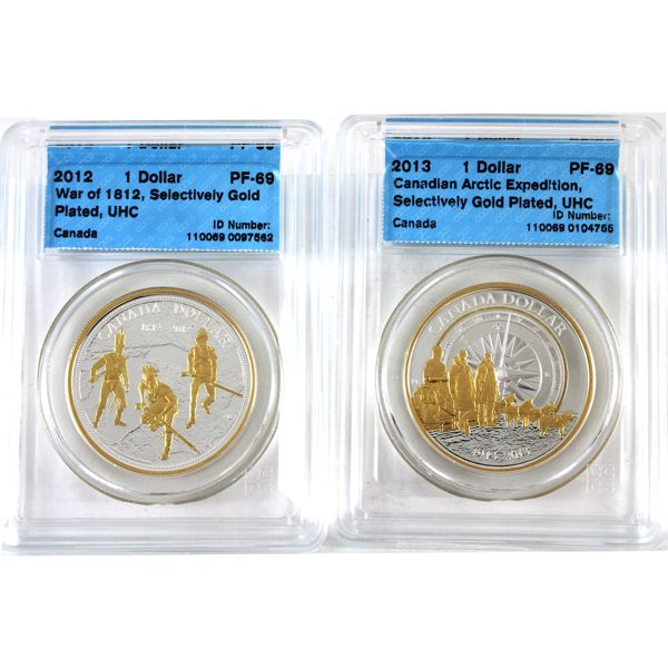 $1 2012 War of 1812 & 2013 Arctic Expedition Both Selectively Gold Plated CCCS PF69 UHC. 2pcs
