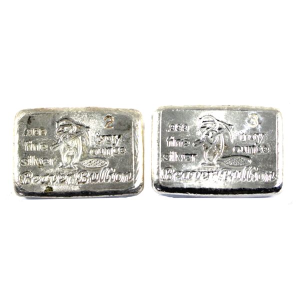 5oz Lot Total! 3oz & 2oz Beaver Bullion .999 Fine Silver Poured Bars. 2pcs. (Tax Exempt)