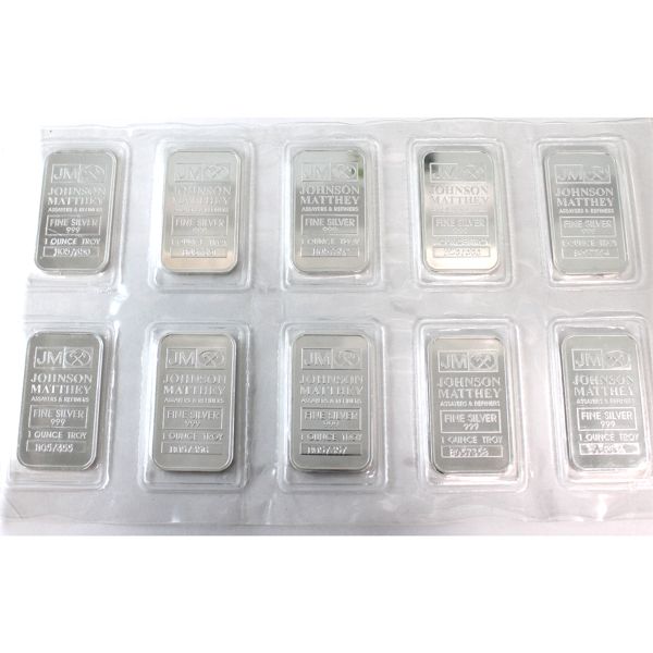 10x 1oz Johnson Matthey .999 Fine Silver Bars Sealed. 10pcs. (Tax Exempt)