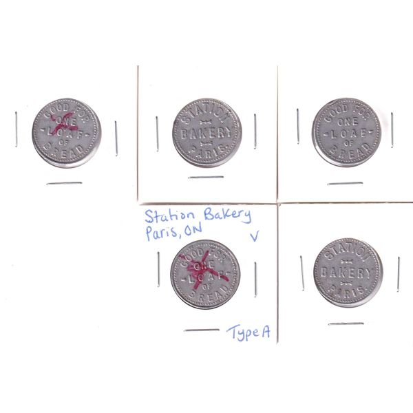 Merchant Tokens Paris Ontario Station Bakery Paris "Good For One Loaf of Bread"  5pcs.