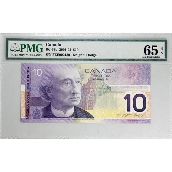 BC-63b 2001-02 $10 PMG GEM UNC65 EPQ, Issue of 2001, Knight-Dodge, SN: FEE0021391