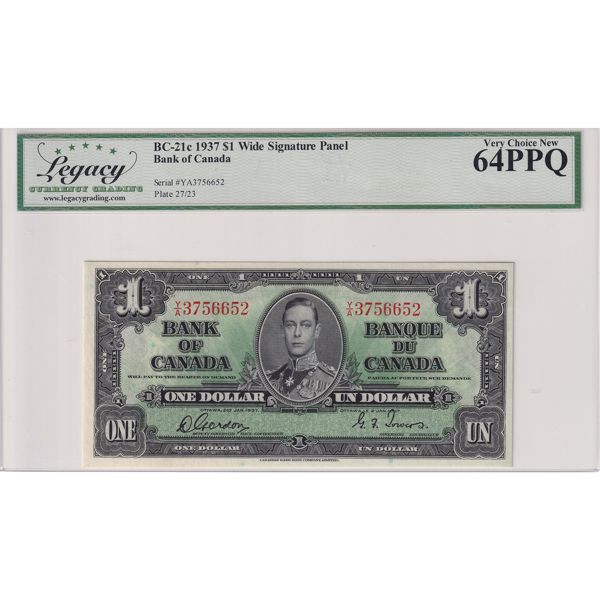 BC-21c 1937 $1 Legacy CUNC64 PPQ Gordon-Towers Wide Signature Panel S/N: YA3756652