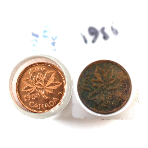 1-cent 1956 Full and 1958 Partial rolls. Coins appear to be mint state, but some toned.